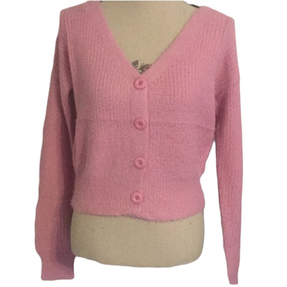 ❌DONATED❌Pink V-Neck Button Up Soft Fuzzy Knit Sweater Top - Picture 4 of 11